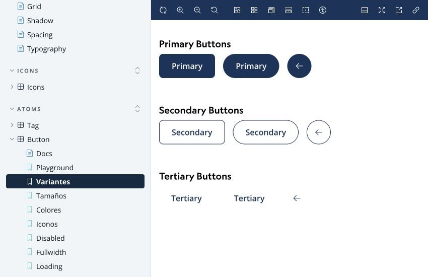 The real component library shows primary, secondary and tertiary buttons in rectangular, pill and icon forms, beside navigation for foundations and component states.