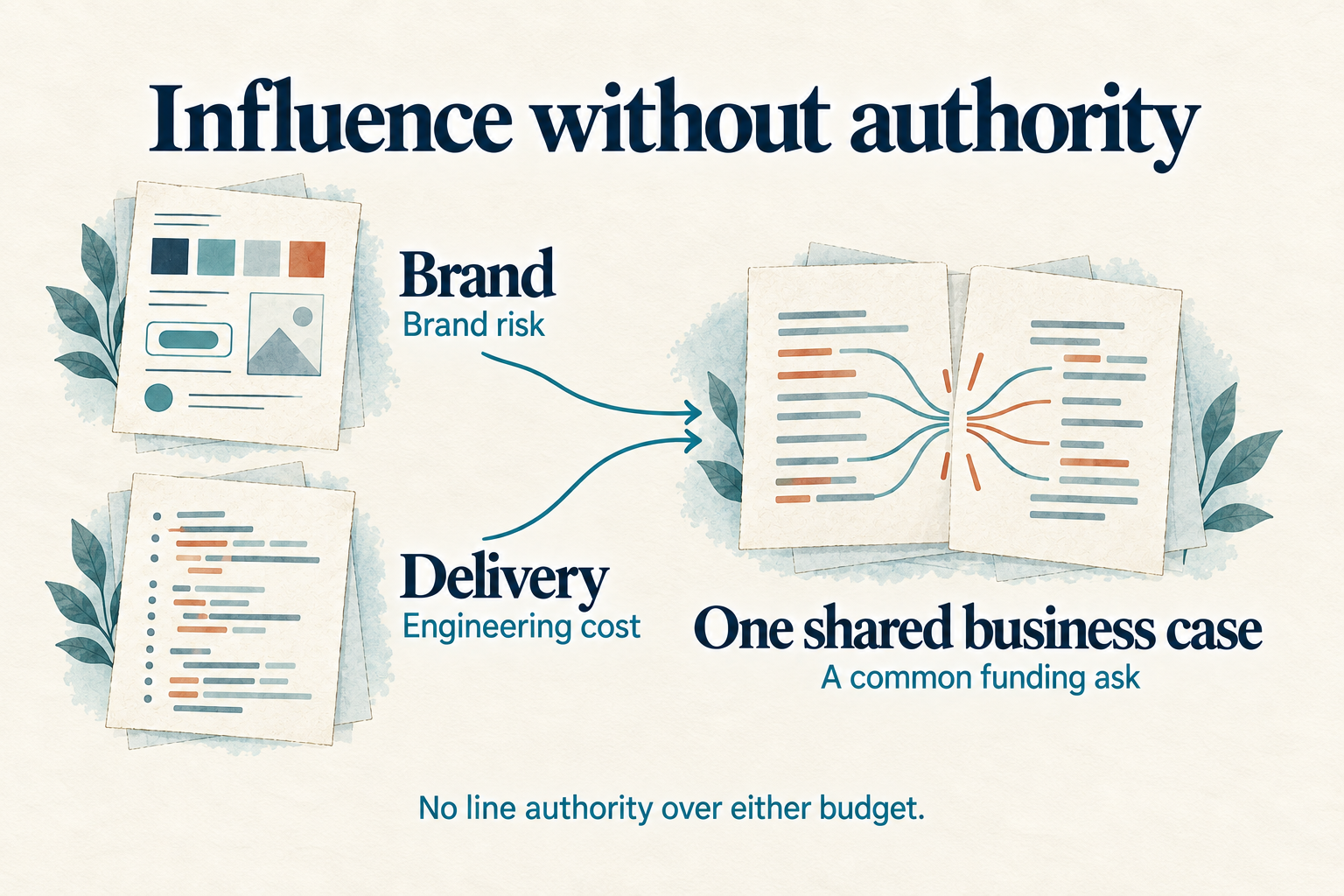 Brand risk and engineering cost converge on one shared business case and a common funding ask, without line authority over either budget.