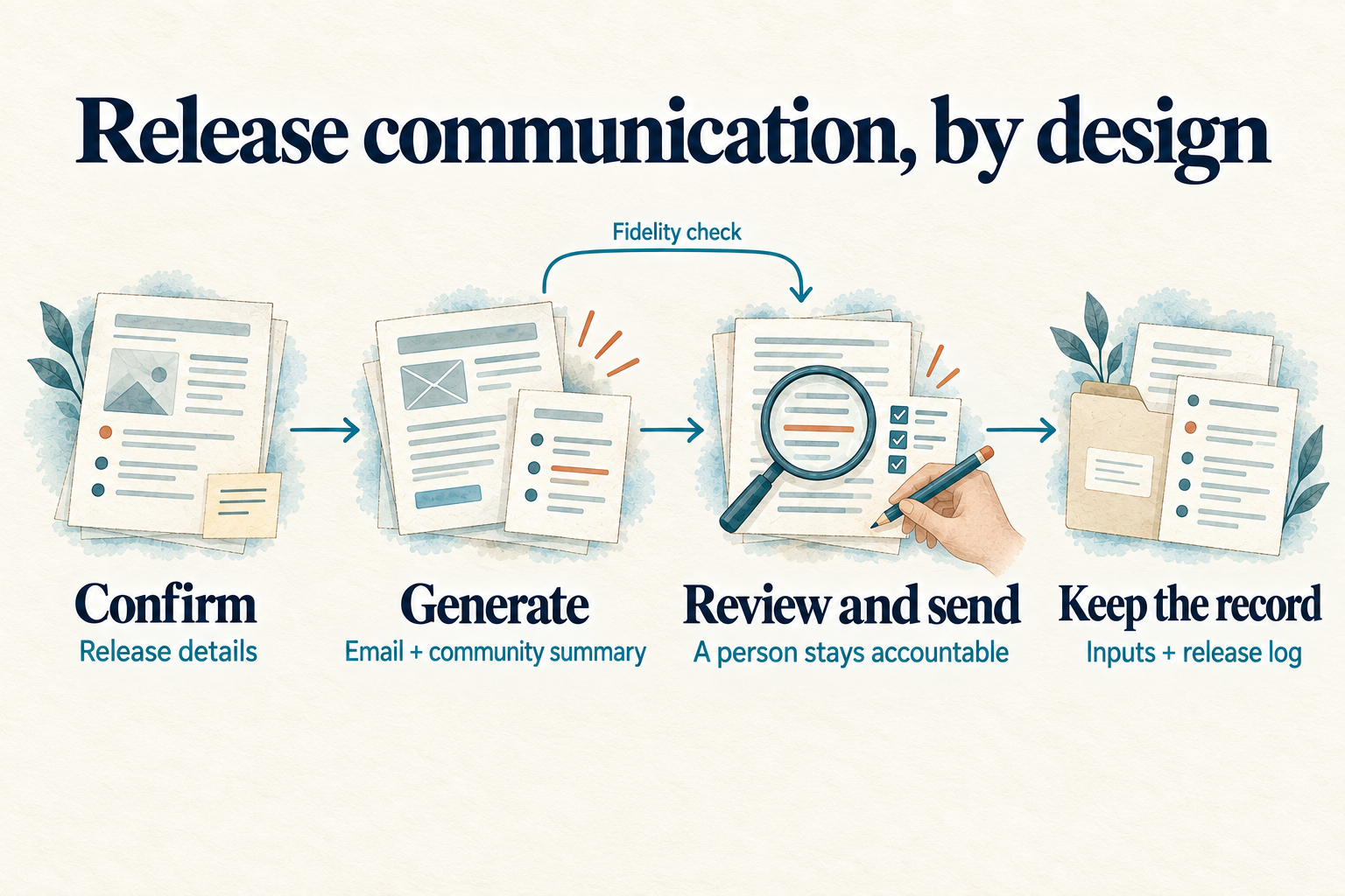Confirm release details, generate an email and community summary, review with a separate fidelity check, and have a person send the announcement. Inputs and a release log keep the record.